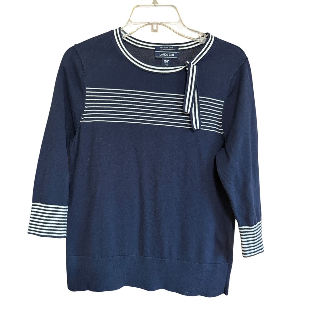 Lands End Navy Blue White Striped Supima Cotton Tie Neck Sweater M Petite Preppy